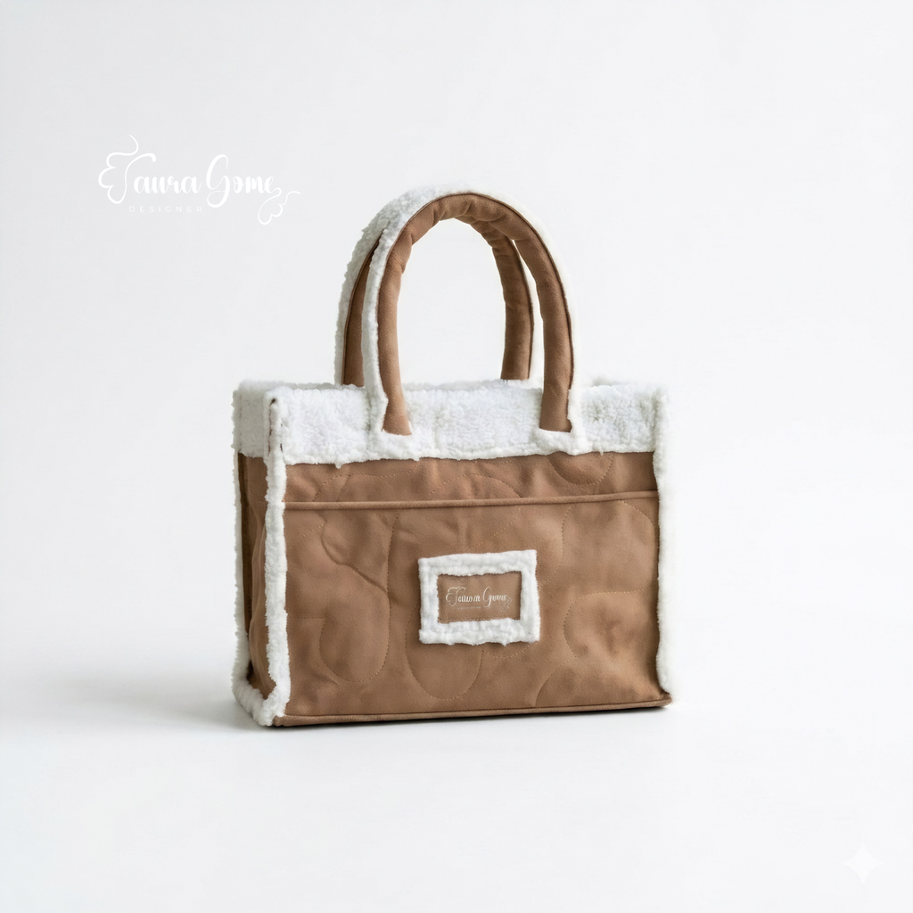 Camel Quilted Tote Bag with Sherpa Trim