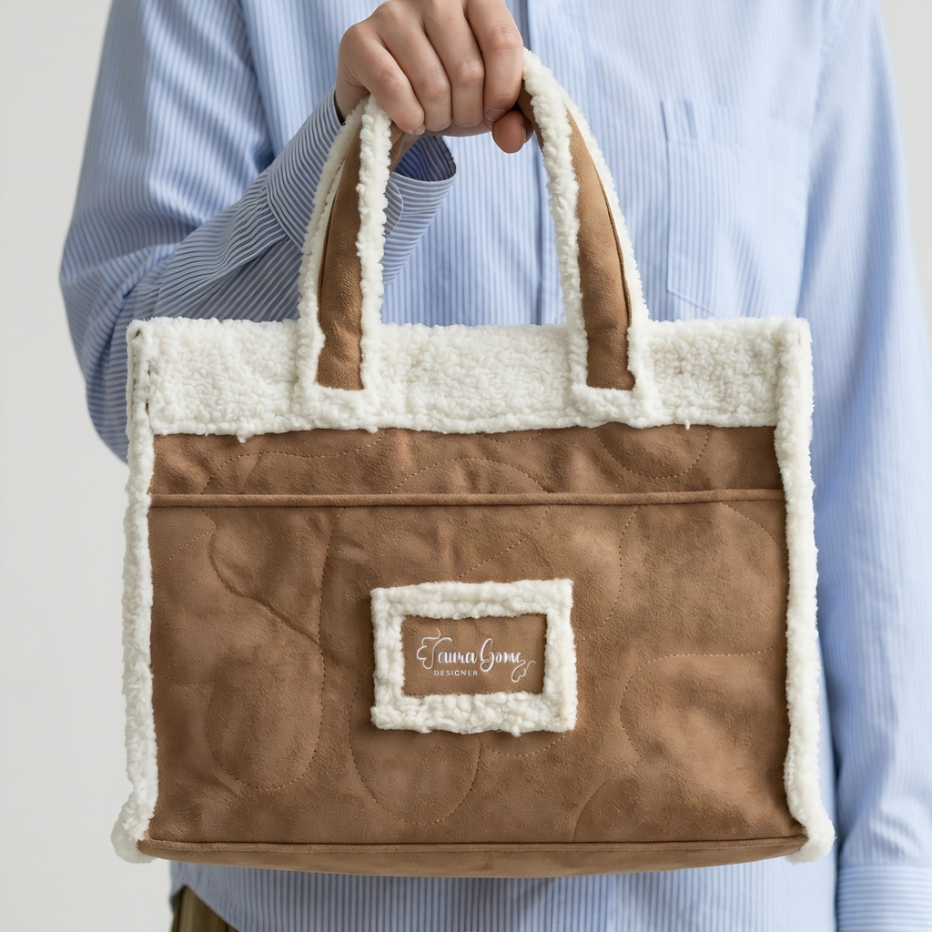 Camel Quilted Tote Bag with Sherpa Trim
