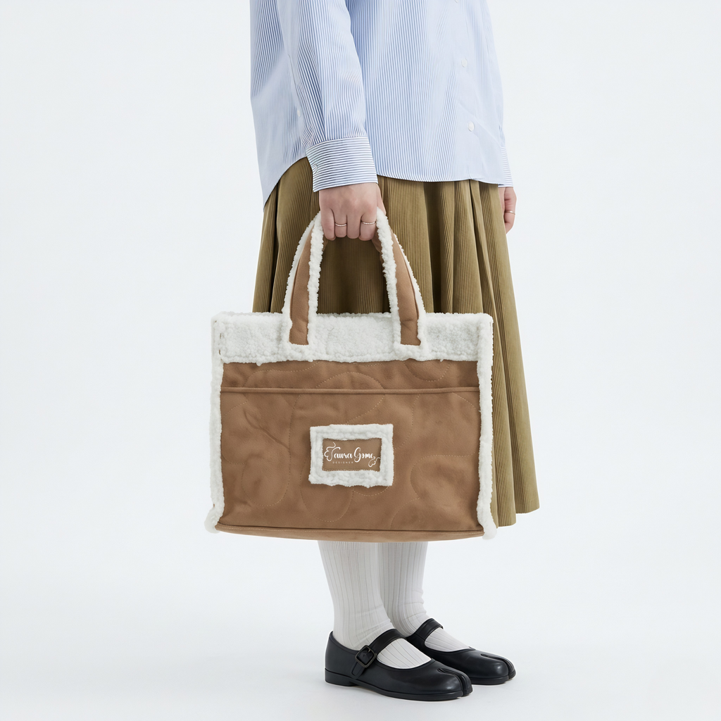 Camel Quilted Tote Bag with Sherpa Trim
