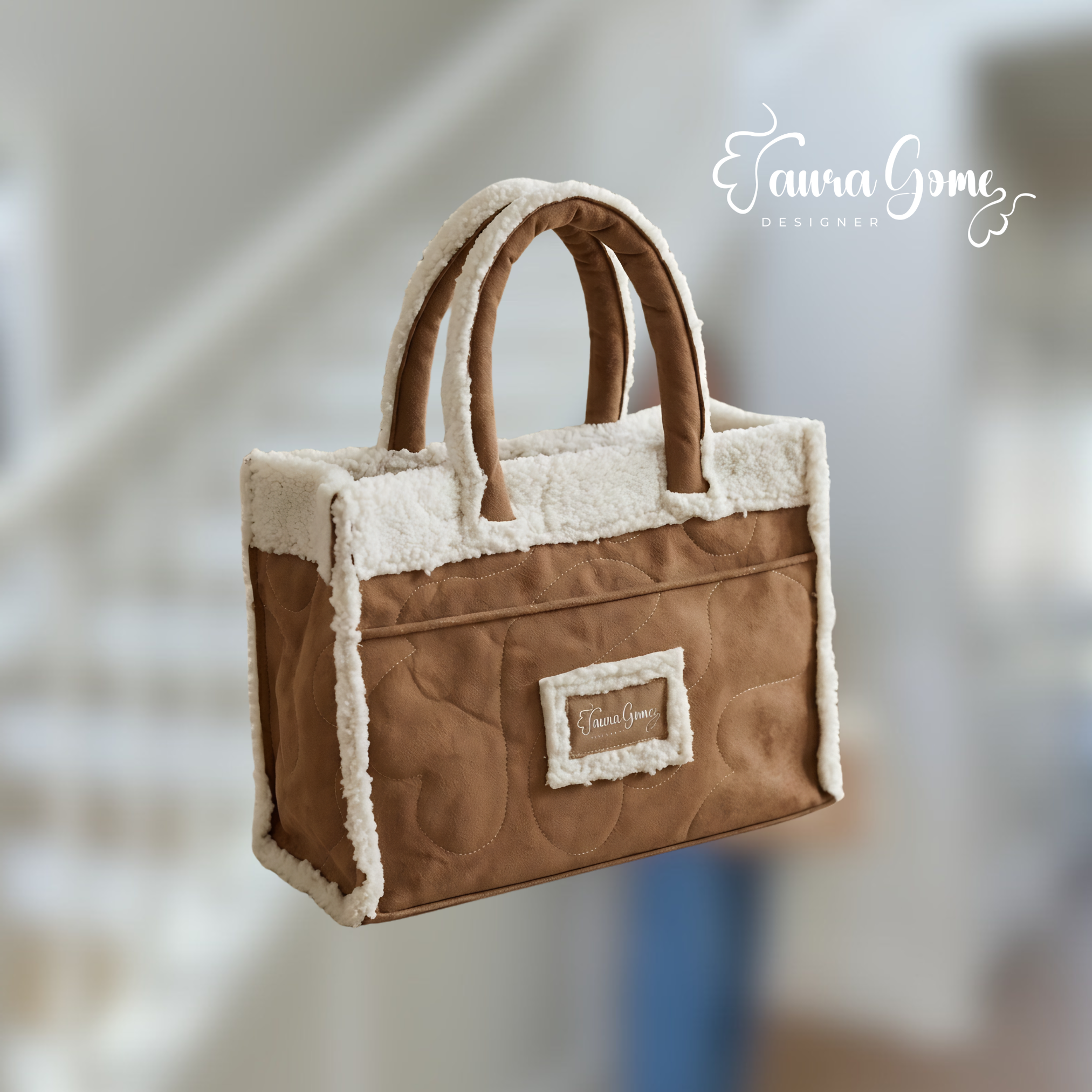 Camel Quilted Tote Bag with Sherpa Trim