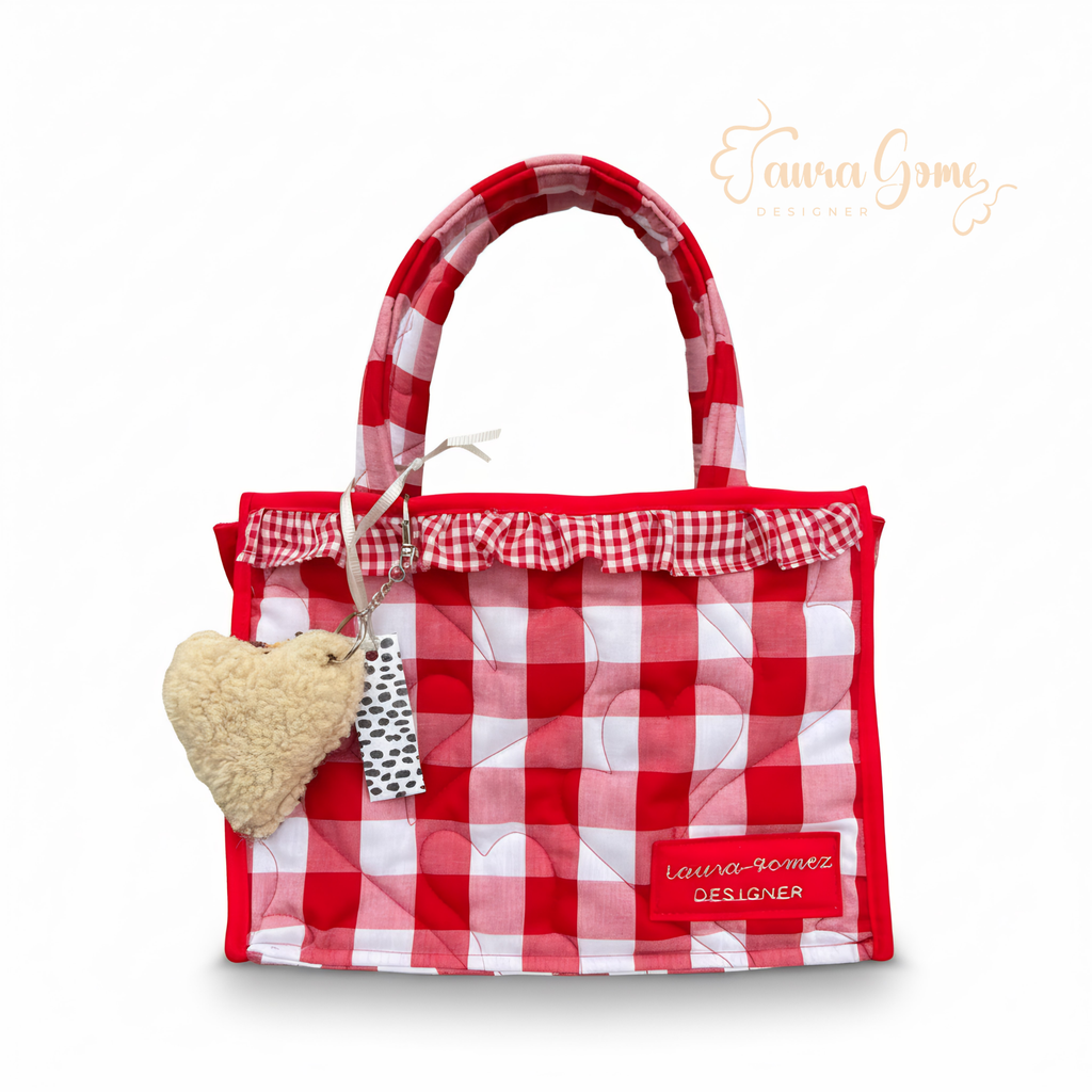 Red Gingham Heart-Quilted Tote Bag