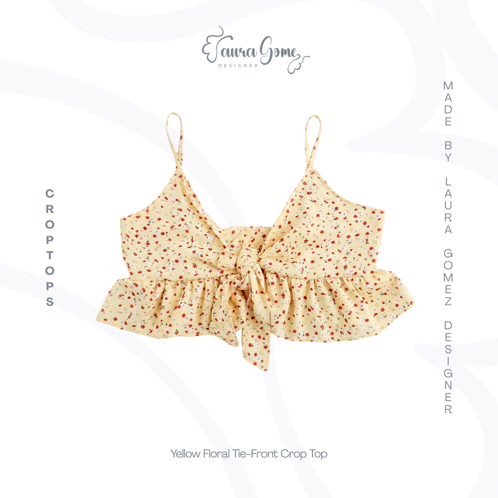 Yellow Floral Tie-Front Crop Top (Size 12)